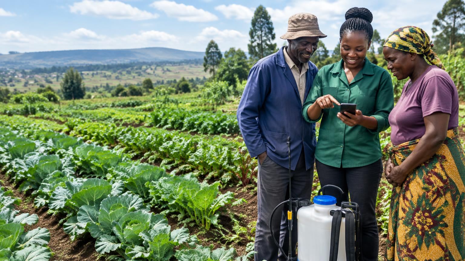 Farmers learning together on a phone beside vegetable crops